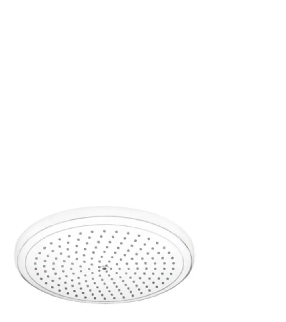 Runde Kopfbrause in Weiß mit gleichmäßig verteilten Düsen. Design von Hansgrohe, geeignet für die Montage an der Decke oder Wand in Badezimmern.